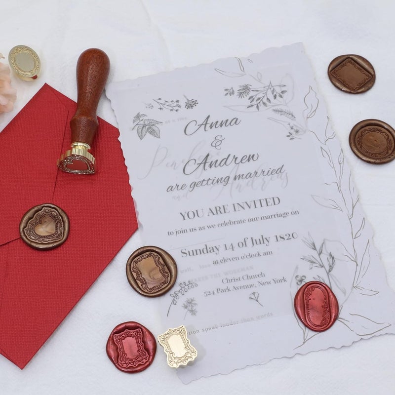 Atopbb Frame Wax Seal Stamp, 3D Embossed Frame Relief Carving Wax Sealing Stamp, Frame Wax Stamp Head Wood Stamp Handle, Wax Stamp for Wedding Invitations, Letter Sealing (F33), Bronze golden - Image 5